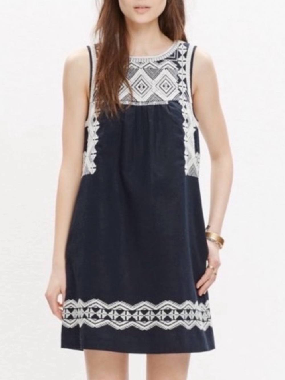 Madewell Navy Linen Blend Embroidered Shift Dress